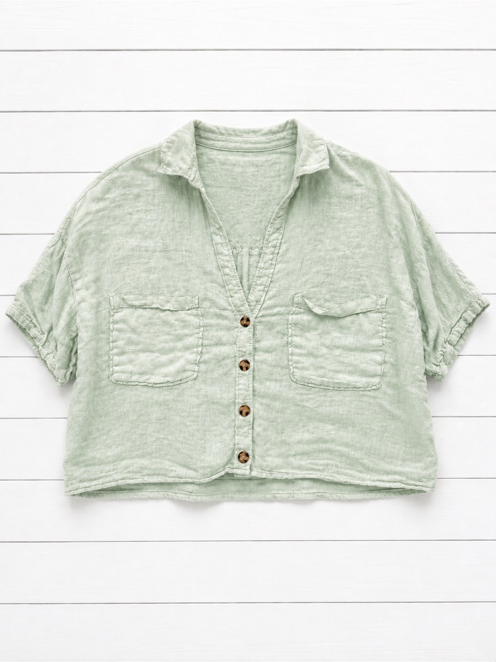 Zara Cropped 100% Linen Button-Up Shirt | Mint Green | Size Small - Picture 3 of 5